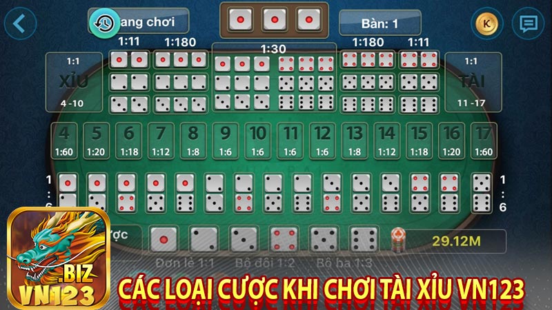 Các loại cược khi chơi Tài Xỉu vn123